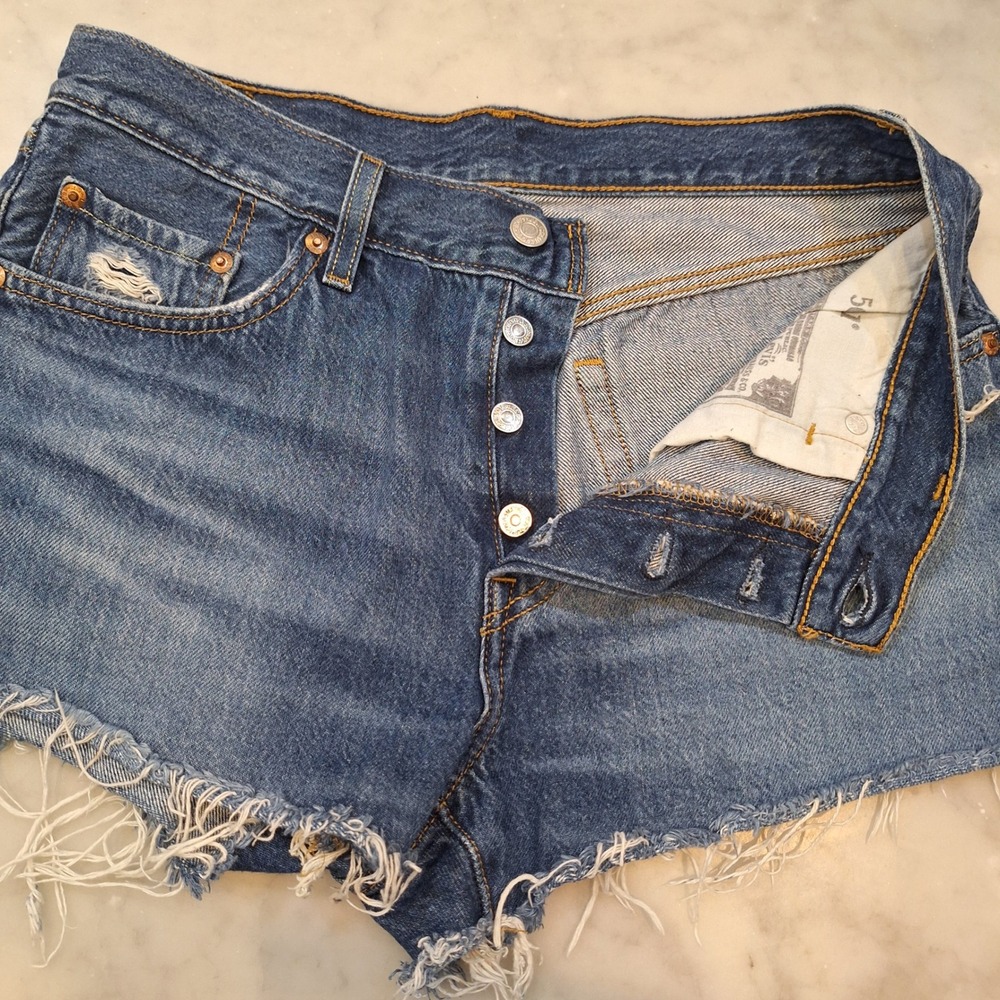 Levi's 501 Original Button Fly Cut-Off Jean Shorts Sz 28 Blue Denim Distressed